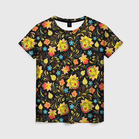 Женская футболка 3D с принтом Хохлома в Кировске, 100% полиэфир ( синтетическое хлопкоподобное полотно) | прямой крой, круглый вырез горловины, длина до линии бедер | голубые | девушкам | желтые | красные | цветы