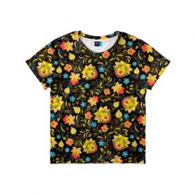 Детская футболка 3D с принтом Хохлома в Кировске, 100% гипоаллергенный полиэфир | прямой крой, круглый вырез горловины, длина до линии бедер, чуть спущенное плечо, ткань немного тянется | голубые | девушкам | желтые | красные | цветы