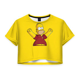 Женская футболка 3D укороченная с принтом Гомер-болельщик в Кировске, 100% полиэстер | круглая горловина, длина футболки до линии талии, рукава с отворотами | simpsons