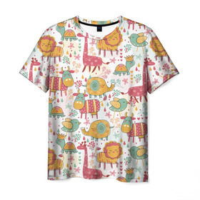 Мужская футболка 3D с принтом Детские рисунки в Кировске, 100% полиэфир | прямой крой, круглый вырез горловины, длина до линии бедер | дети | животные | жираф | лев | птица | рисунок | слон | фауна | черепаха