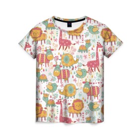 Женская футболка 3D с принтом Детские рисунки в Кировске, 100% полиэфир ( синтетическое хлопкоподобное полотно) | прямой крой, круглый вырез горловины, длина до линии бедер | дети | животные | жираф | лев | птица | рисунок | слон | фауна | черепаха