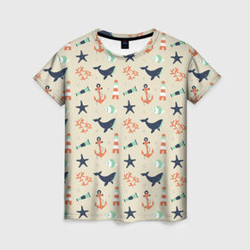 Женская футболка 3D с принтом Морской узор в Кировске, 100% полиэфир ( синтетическое хлопкоподобное полотно) | прямой крой, круглый вырез горловины, длина до линии бедер | буй | вода | звезда | кит | коралл | маяк | мозаика | море | океан | песок | ракушка | узор | якорь