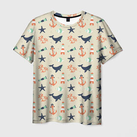 Мужская футболка 3D с принтом Морской узор в Кировске, 100% полиэфир | прямой крой, круглый вырез горловины, длина до линии бедер | буй | вода | звезда | кит | коралл | маяк | мозаика | море | океан | песок | ракушка | узор | якорь