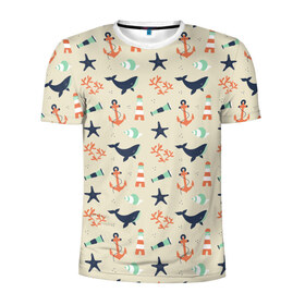 Мужская футболка 3D спортивная с принтом Морской узор в Кировске, 100% полиэстер с улучшенными характеристиками | приталенный силуэт, круглая горловина, широкие плечи, сужается к линии бедра | буй | вода | звезда | кит | коралл | маяк | мозаика | море | океан | песок | ракушка | узор | якорь