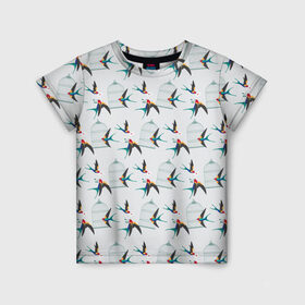 Детская футболка 3D с принтом Ласточки в Кировске, 100% гипоаллергенный полиэфир | прямой крой, круглый вырез горловины, длина до линии бедер, чуть спущенное плечо, ткань немного тянется | весна | клетка | ласточка | мозаика | письмо | птица | узор
