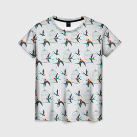 Женская футболка 3D с принтом Ласточки в Кировске, 100% полиэфир ( синтетическое хлопкоподобное полотно) | прямой крой, круглый вырез горловины, длина до линии бедер | весна | клетка | ласточка | мозаика | письмо | птица | узор