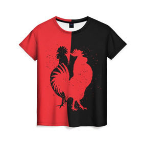 Женская футболка 3D с принтом черное и красное в Кировске, 100% полиэфир ( синтетическое хлопкоподобное полотно) | прямой крой, круглый вырез горловины, длина до линии бедер | 2017 | new year | год | новогодний | новый | огненный | петух | петушок | с новым годом