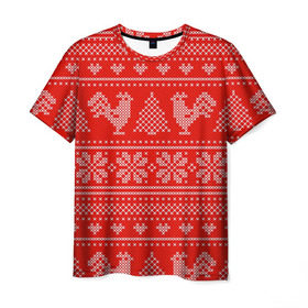 Мужская футболка 3D с принтом Вязанный свитер с петухами в Кировске, 100% полиэфир | прямой крой, круглый вырез горловины, длина до линии бедер | 2017 | new year | год | новогодний | новый | огненный | петух | петушок | с новым годом