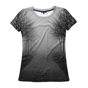 Женская футболка 3D с принтом Тропинка в Кировске, 100% полиэфир ( синтетическое хлопкоподобное полотно) | прямой крой, круглый вырез горловины, длина до линии бедер | деревья | дорожка | природа | тропинка | туман