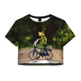 Женская футболка 3D укороченная с принтом Лягушка в Кировске, 100% полиэстер | круглая горловина, длина футболки до линии талии, рукава с отворотами | велосипед | жаба | животные | лягушка | мини | фигурка