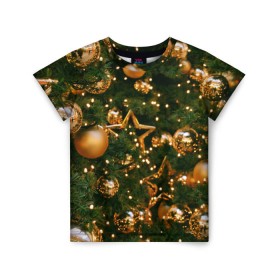 Детская футболка 3D с принтом Праздничные шары в Кировске, 100% гипоаллергенный полиэфир | прямой крой, круглый вырез горловины, длина до линии бедер, чуть спущенное плечо, ткань немного тянется | елка | елочные | звезды | золото | игрушки | хвоя | шары