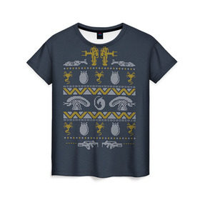 Женская футболка 3D с принтом Новогодний свитер Чужой в Кировске, 100% полиэфир ( синтетическое хлопкоподобное полотно) | прямой крой, круглый вырез горловины, длина до линии бедер | alien | new year | новогодний