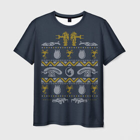 Мужская футболка 3D с принтом Новогодний свитер Чужой в Кировске, 100% полиэфир | прямой крой, круглый вырез горловины, длина до линии бедер | alien | new year | новогодний
