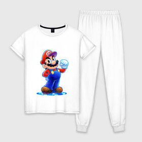 Женская пижама хлопок с принтом Mario в Кировске, 100% хлопок | брюки и футболка прямого кроя, без карманов, на брюках мягкая резинка на поясе и по низу штанин | nintendo | марио | нинтендо