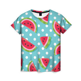 Женская футболка 3D с принтом Арбузный рай в Кировске, 100% полиэфир ( синтетическое хлопкоподобное полотно) | прямой крой, круглый вырез горловины, длина до линии бедер | berry | eat | fruit | pattern | sweet | watermelon | арбуз | еда | сладость | узор | фрукт | ягода
