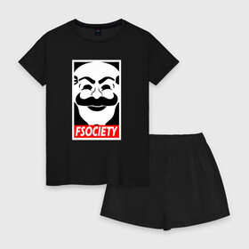Женская пижама с шортиками хлопок с принтом Fsociety в Кировске, 100% хлопок | футболка прямого кроя, шорты свободные с широкой мягкой резинкой | mister | mr | robot | мистер | робот