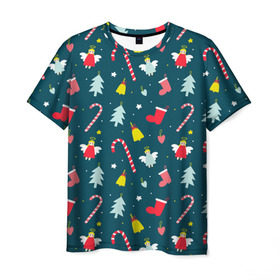 Мужская футболка 3D с принтом Новогодний узор в Кировске, 100% полиэфир | прямой крой, круглый вырез горловины, длина до линии бедер | ангел | ёлка | ель | зима | колокольчик | нг | новый год | олень | рождество | санта | снег