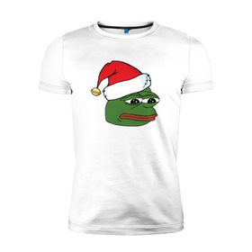 Мужская футболка премиум с принтом New year sad frog в Кировске, 92% хлопок, 8% лайкра | приталенный силуэт, круглый вырез ворота, длина до линии бедра, короткий рукав | Тематика изображения на принте: pepe | новогодний | пепе | шапка