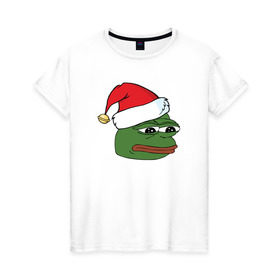 Женская футболка хлопок с принтом New year sad frog в Кировске, 100% хлопок | прямой крой, круглый вырез горловины, длина до линии бедер, слегка спущенное плечо | pepe | новогодний | пепе | шапка