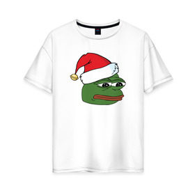 Женская футболка хлопок Oversize с принтом New year sad frog в Кировске, 100% хлопок | свободный крой, круглый ворот, спущенный рукав, длина до линии бедер
 | pepe | новогодний | пепе | шапка