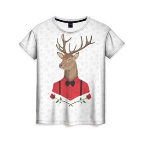 Женская футболка 3D с принтом Christmas Deer в Кировске, 100% полиэфир ( синтетическое хлопкоподобное полотно) | прямой крой, круглый вырез горловины, длина до линии бедер | new year | олень | рождество | роза | снег | узор