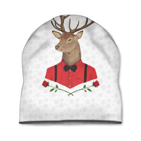 Шапка 3D с принтом Christmas Deer в Кировске, 100% полиэстер | универсальный размер, печать по всей поверхности изделия | new year | олень | рождество | роза | снег | узор