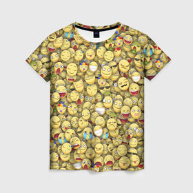 Женская футболка 3D с принтом Смайлики. Стикербомбинг в Кировске, 100% полиэфир ( синтетическое хлопкоподобное полотно) | прямой крой, круглый вырез горловины, длина до линии бедер | emoji | желтый | мем | смайл | стикербомбинг | текстура | улыбка | эмодзи