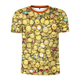 Мужская футболка 3D спортивная с принтом Смайлики. Стикербомбинг в Кировске, 100% полиэстер с улучшенными характеристиками | приталенный силуэт, круглая горловина, широкие плечи, сужается к линии бедра | emoji | желтый | мем | смайл | стикербомбинг | текстура | улыбка | эмодзи