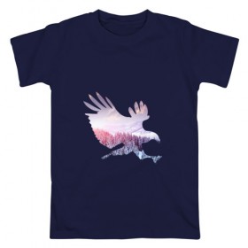 Мужская футболка хлопок с принтом орел зима в Кировске, 100% хлопок | прямой крой, круглый вырез горловины, длина до линии бедер, слегка спущенное плечо. | деревья | зима | облака | орел | птица | снег | солнце