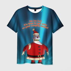Мужская футболка 3D с принтом Робот Санта в Кировске, 100% полиэфир | прямой крой, круглый вырез горловины, длина до линии бедер | Тематика изображения на принте: futurama | зима | мультфильм | новый год | рождество | футурама