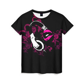 Женская футболка 3D с принтом Music love в Кировске, 100% полиэфир ( синтетическое хлопкоподобное полотно) | прямой крой, круглый вырез горловины, длина до линии бедер | dj | klub | music | губы | диджей | клуб | музыка | наушники
