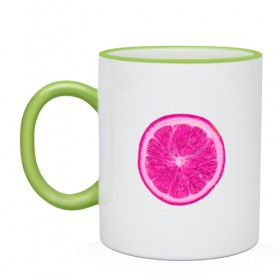 Кружка двухцветная с принтом Розовый лимон в Кировске, керамика | объем — 330 мл, диаметр — 80 мм. Цветная ручка и кайма сверху, в некоторых цветах — вся внутренняя часть | еда | кислый | лимон | розовый цвет | фрукт