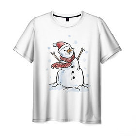 Мужская футболка 3D с принтом Снеговик в Кировске, 100% полиэфир | прямой крой, круглый вырез горловины, длина до линии бедер | Тематика изображения на принте: happy new year | new year | santa claus | дед мороз | дедушка мороз | новый год | санта клаус | снеговик