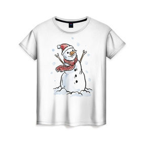 Женская футболка 3D с принтом Снеговик в Кировске, 100% полиэфир ( синтетическое хлопкоподобное полотно) | прямой крой, круглый вырез горловины, длина до линии бедер | happy new year | new year | santa claus | дед мороз | дедушка мороз | новый год | санта клаус | снеговик