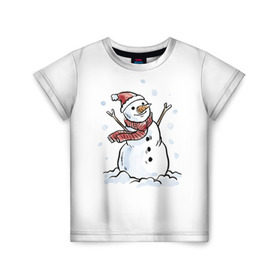 Детская футболка 3D с принтом Снеговик в Кировске, 100% гипоаллергенный полиэфир | прямой крой, круглый вырез горловины, длина до линии бедер, чуть спущенное плечо, ткань немного тянется | happy new year | new year | santa claus | дед мороз | дедушка мороз | новый год | санта клаус | снеговик