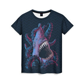 Женская футболка 3D с принтом Underwater Fight в Кировске, 100% полиэфир ( синтетическое хлопкоподобное полотно) | прямой крой, круглый вырез горловины, длина до линии бедер | акула | осьминог