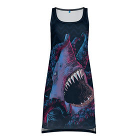 Платье-майка 3D с принтом Underwater Fight в Кировске, 100% полиэстер | полуприлегающий силуэт, широкие бретели, круглый вырез горловины, удлиненный подол сзади. | акула | осьминог