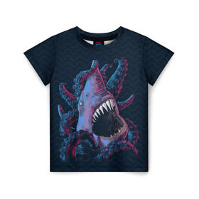 Детская футболка 3D с принтом Underwater Fight в Кировске, 100% гипоаллергенный полиэфир | прямой крой, круглый вырез горловины, длина до линии бедер, чуть спущенное плечо, ткань немного тянется | Тематика изображения на принте: акула | осьминог