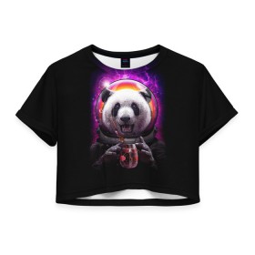 Женская футболка 3D укороченная с принтом Panda Cosmonaut в Кировске, 100% полиэстер | круглая горловина, длина футболки до линии талии, рукава с отворотами | bear | galaxy | panda | space | star | астронавт | галактика | звезда | космонавт | космос | медведь | панда