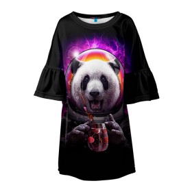 Детское платье 3D с принтом Panda Cosmonaut в Кировске, 100% полиэстер | прямой силуэт, чуть расширенный к низу. Круглая горловина, на рукавах — воланы | Тематика изображения на принте: bear | galaxy | panda | space | star | астронавт | галактика | звезда | космонавт | космос | медведь | панда