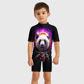 Детский купальный костюм 3D с принтом Panda Cosmonaut в Кировске, Полиэстер 85%, Спандекс 15% | застежка на молнии на спине | bear | galaxy | panda | space | star | астронавт | галактика | звезда | космонавт | космос | медведь | панда