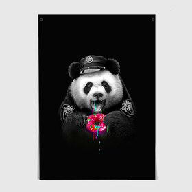 Постер с принтом Donut Panda в Кировске, 100% бумага
 | бумага, плотность 150 мг. Матовая, но за счет высокого коэффициента гладкости имеет небольшой блеск и дает на свету блики, но в отличии от глянцевой бумаги не покрыта лаком | bear | donut | panda | police | коп | медведь | панда | пончик