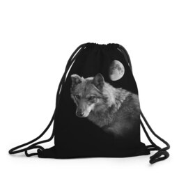 Рюкзак-мешок 3D с принтом Ночной Волк в Кировске, 100% полиэстер | плотность ткани — 200 г/м2, размер — 35 х 45 см; лямки — толстые шнурки, застежка на шнуровке, без карманов и подкладки | волк | волки | животные | звери | луна | ночь | серый | черно белый