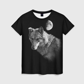 Женская футболка 3D с принтом Ночной Волк в Кировске, 100% полиэфир ( синтетическое хлопкоподобное полотно) | прямой крой, круглый вырез горловины, длина до линии бедер | волк | волки | животные | звери | луна | ночь | серый | черно белый