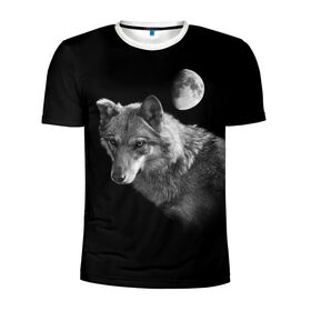 Мужская футболка 3D спортивная с принтом Ночной Волк в Кировске, 100% полиэстер с улучшенными характеристиками | приталенный силуэт, круглая горловина, широкие плечи, сужается к линии бедра | волк | волки | животные | звери | луна | ночь | серый | черно белый