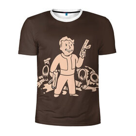 Мужская футболка 3D спортивная с принтом Волт-бой с оружием Fallout 4 в Кировске, 100% полиэстер с улучшенными характеристиками | приталенный силуэт, круглая горловина, широкие плечи, сужается к линии бедра | 111 | dweller | fallout | убежище | фаллаут