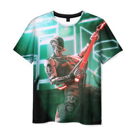 Мужская футболка 3D с принтом Rocker Robot в Кировске, 100% полиэфир | прямой крой, круглый вырез горловины, длина до линии бедер | rock | гитара | музыка | робот | рок