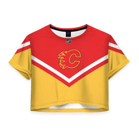 Женская футболка 3D укороченная с принтом Calgary Flames в Кировске, 100% полиэстер | круглая горловина, длина футболки до линии талии, рукава с отворотами | 
