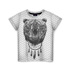 Детская футболка 3D с принтом Bear Dreamcatcher в Кировске, 100% гипоаллергенный полиэфир | прямой крой, круглый вырез горловины, длина до линии бедер, чуть спущенное плечо, ткань немного тянется | bear | beast | forest | russia | siberian | зверь | лес | ловец | медведь | россия | сибирь | сон | ярость