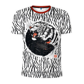 Мужская футболка 3D спортивная с принтом Yin Yang Tigers в Кировске, 100% полиэстер с улучшенными характеристиками | приталенный силуэт, круглая горловина, широкие плечи, сужается к линии бедра | tiger | yin yang | инь ян | китай | сила | тигр | ярость